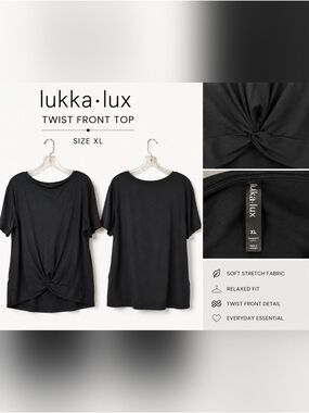 Lukka Lux Navy Twist Front Top Short Sleeve Stretch Knit Minimalist XL